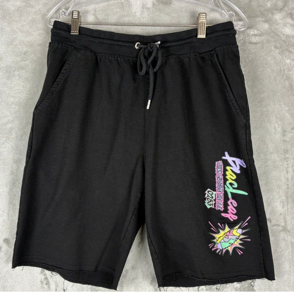 Flac Leaf Mens Black Graphic Shorts Think Outside The Box Raw Hem Size L Large